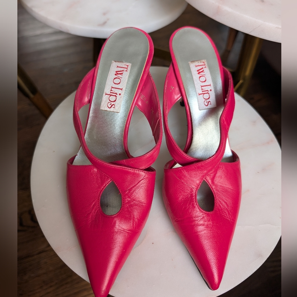 Vintage Two Lips Y2K Hot Pink Leather Mules Closed Toe Criss Cross Heels